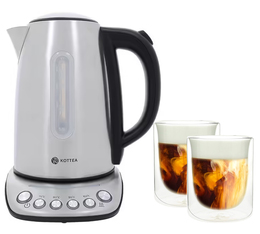 Bouilloire Kottea KT102 température réglable Inox 1.7L + 2 Verres Pylano 25 cl 